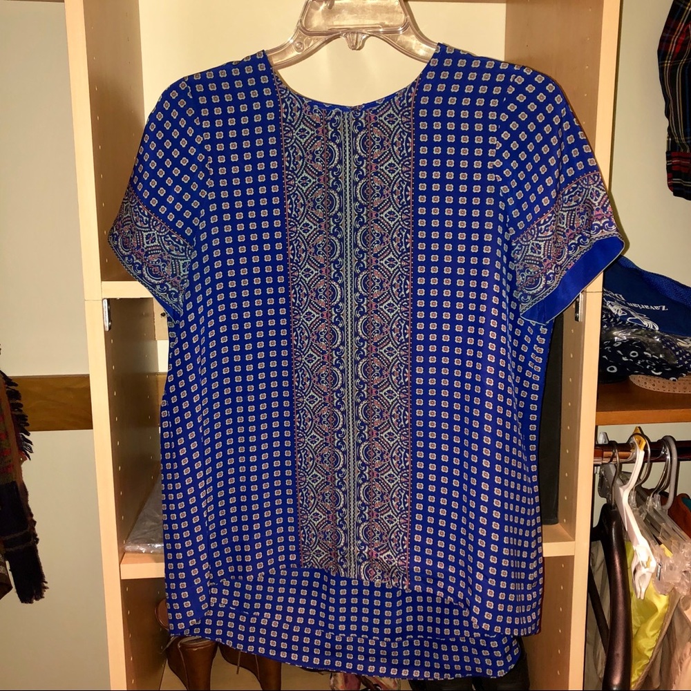 Madewell Blue Silk Tailored Tee Ascot Grid Blouse